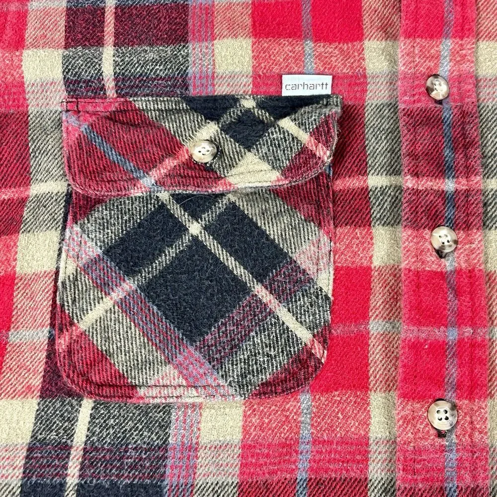 Vtg Carhart Small Red Black Plaid Button-Up Flannel Work Chore GUC - Picture 5 of 9